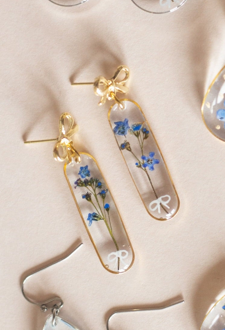 Real Pressed Blue Flower Earrings