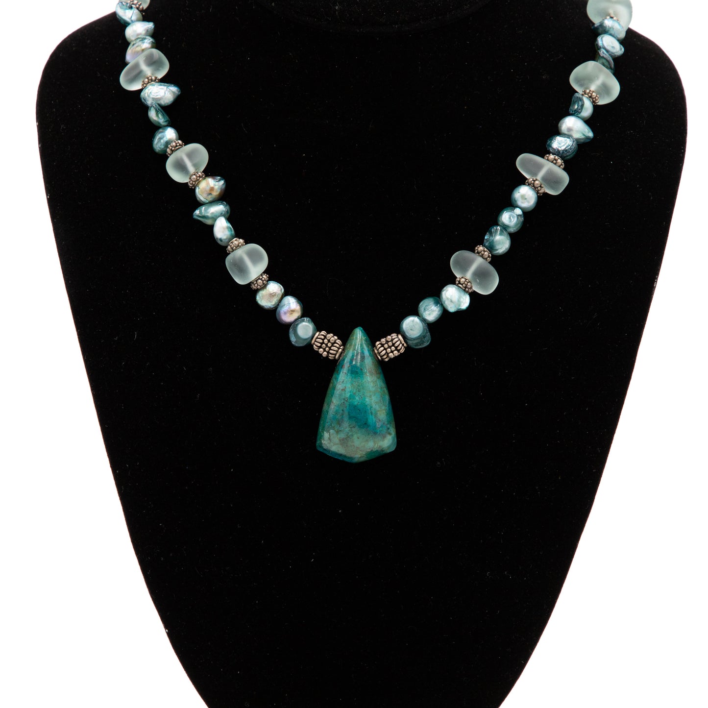 Aqua Glass & Teal Pearl Necklace