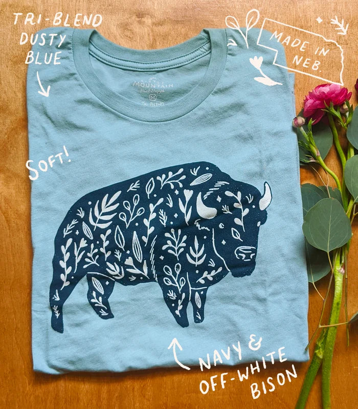 Dusty Blue Floral Bison T-shirt