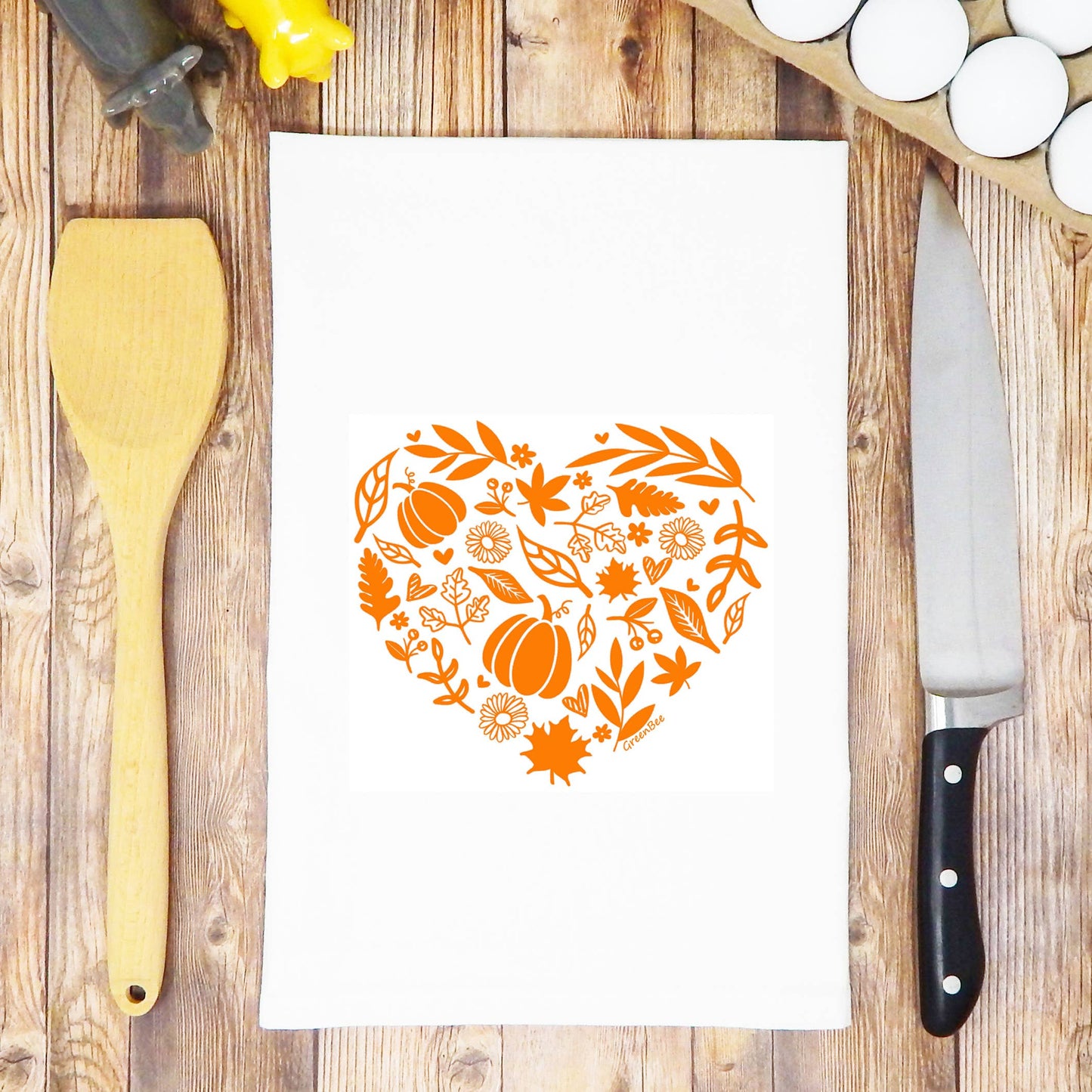 Fall Heart Kitchen Towel, Leaves Pumpkin Flower