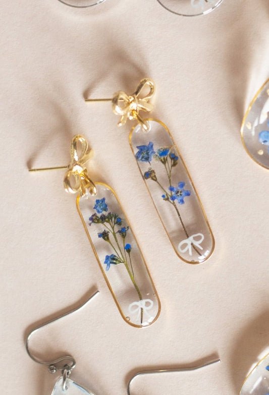 Real Pressed Blue Flower Earrings