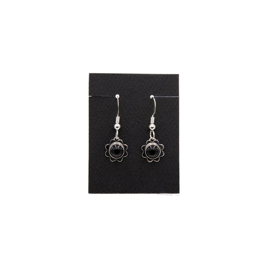 Sterling Silver Flower Earrings with Black Onyx – B0111070