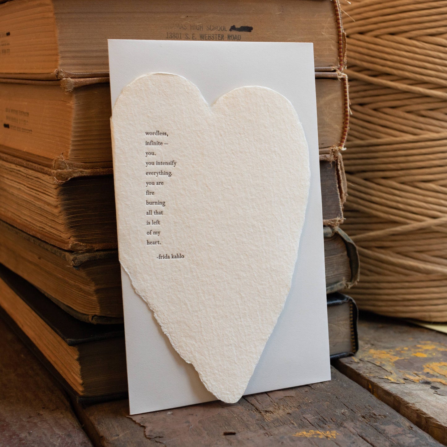 Kahlo Quote Deckled Heart Handmade Paper Letterpress Card
