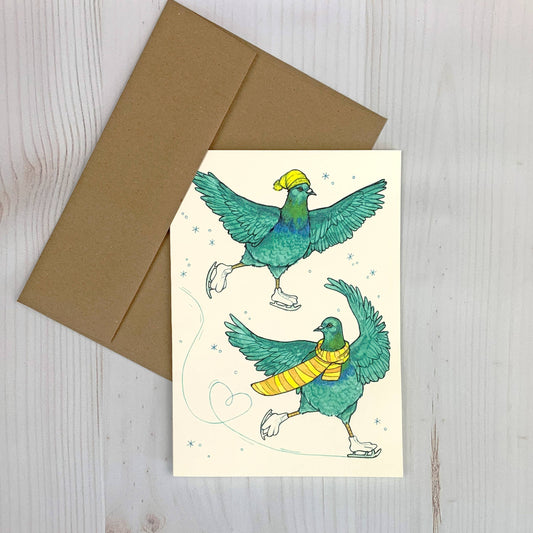 Pigeons Ice Skating - 5x7" Holiday & Winter Notecard